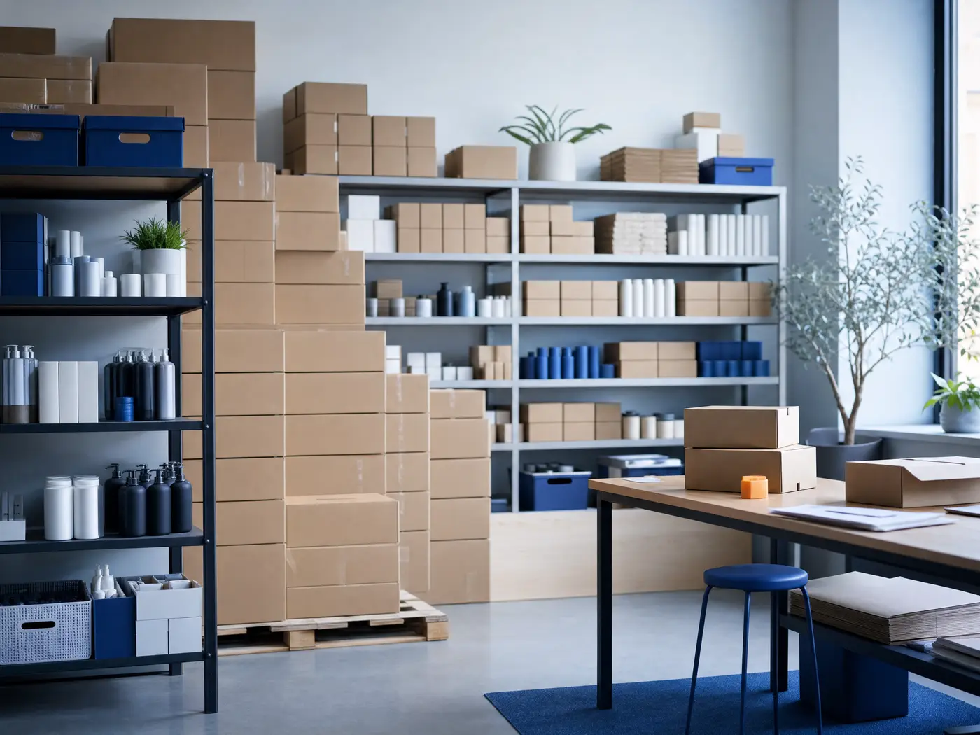 A tidy back room ready to ship: a pallet of stacked cartons beside grey shelving of boxed stock, with a packing table waiting on orders.